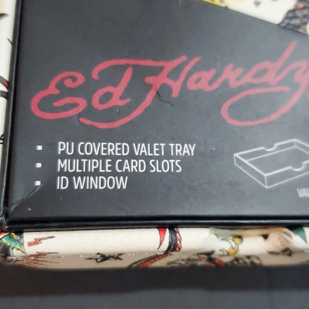 Ed Hardy‎ black iconic Ed Hardy tiger printed bifold wallet with valet tray new